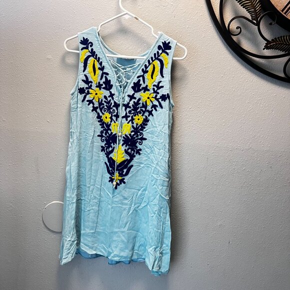 Lapogee Boho Embroidered Sleeveless Tunic Dress - Small - Light Blue  Floral - Picture 1 of 8